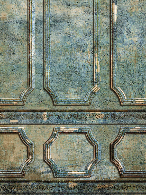 Distressed vintage panel backdrop with aged textures in blue and earthy tones, ideal for professional portrait and event photography.