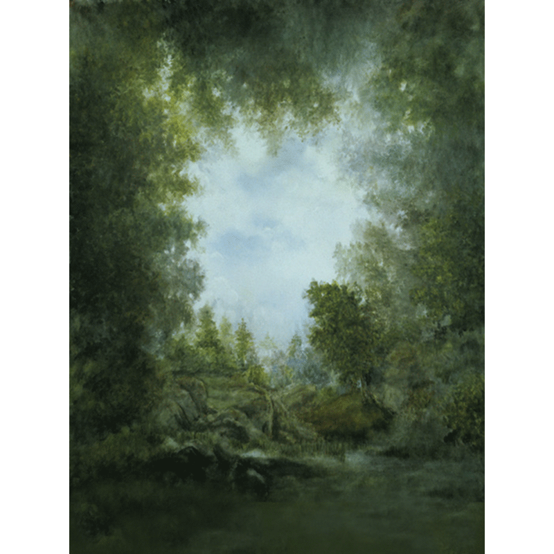 A lush green forest photography backdrop with misty trees, an open clearing, and soft natural lighting, ideal for rustic and fantasy-inspired portraits.