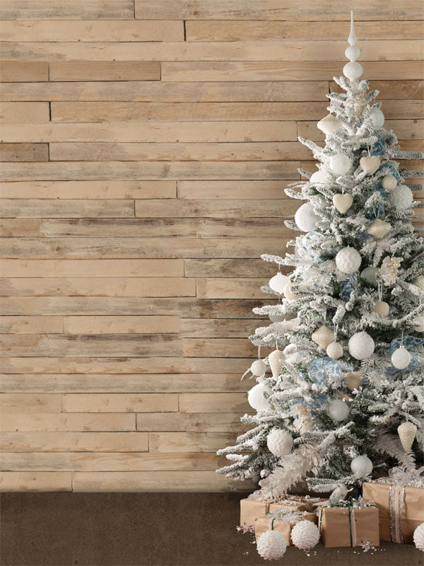 Frosted Christmas Tree with Rustic Wood Wall Photography Backdrop - Frosted Christmas tree with silver ornaments and rustic wooden wall, perfect for holiday photography backdrops.