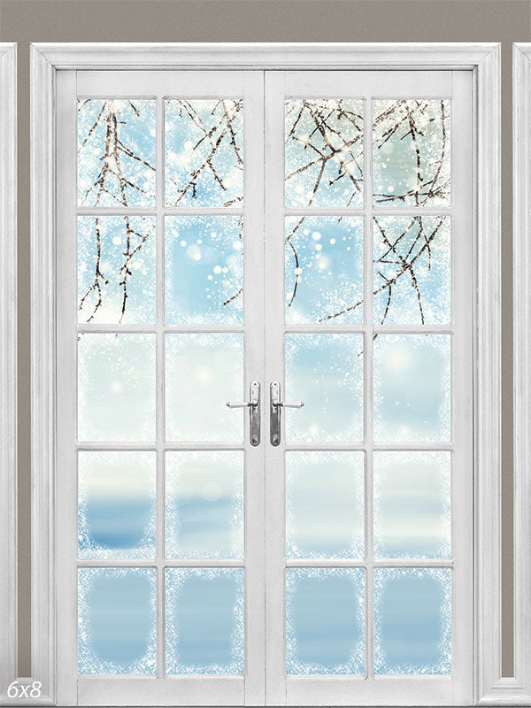 Frosted Winter Wonderland Window Photography Backdrop - A snowy outdoor scene viewed through frosted French doors, perfect for winter and holiday-themed photoshoots.