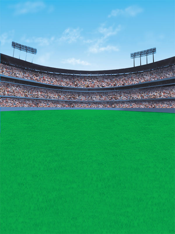 Sports stadium scene with green turf, cheering crowd, and open blue sky.