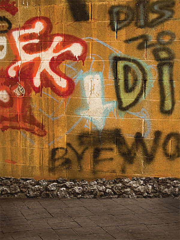Bold red and blue graffiti painted across a textured orange brick wall.