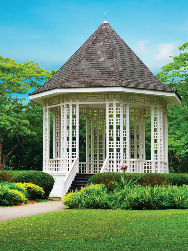 Garden Gazebo Photography Backdrop - White gazebo in a lush garden photography backdrop with greenery and a blue sky, perfect for outdoor-themed photoshoots.