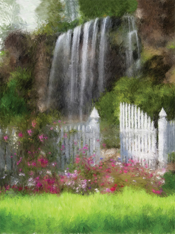 Idyllic garden scene with a cascading waterfall and white fence surrounded by flowers.