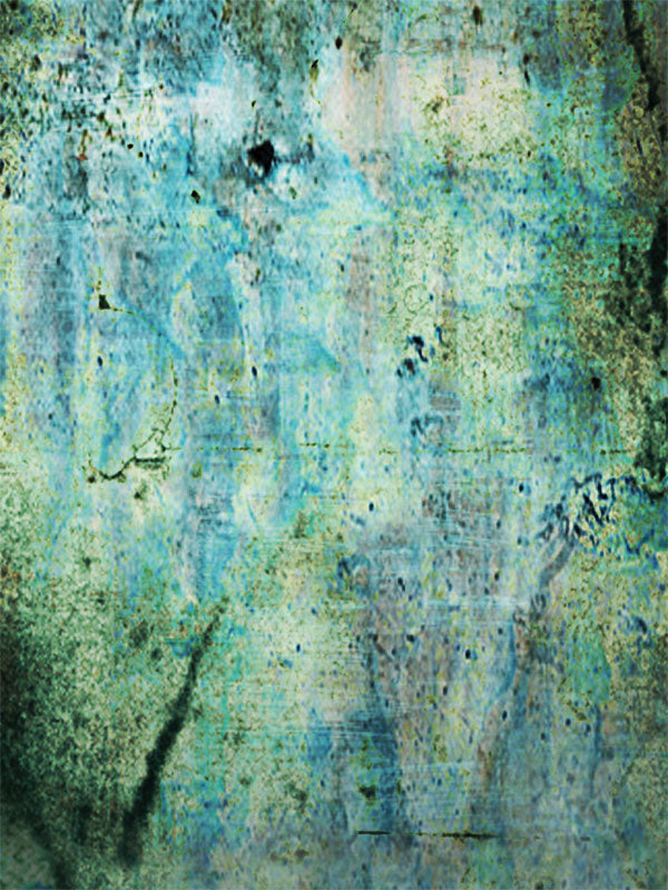 Distressed studio backdrop with layered blue-green tones and weathered wall texture.