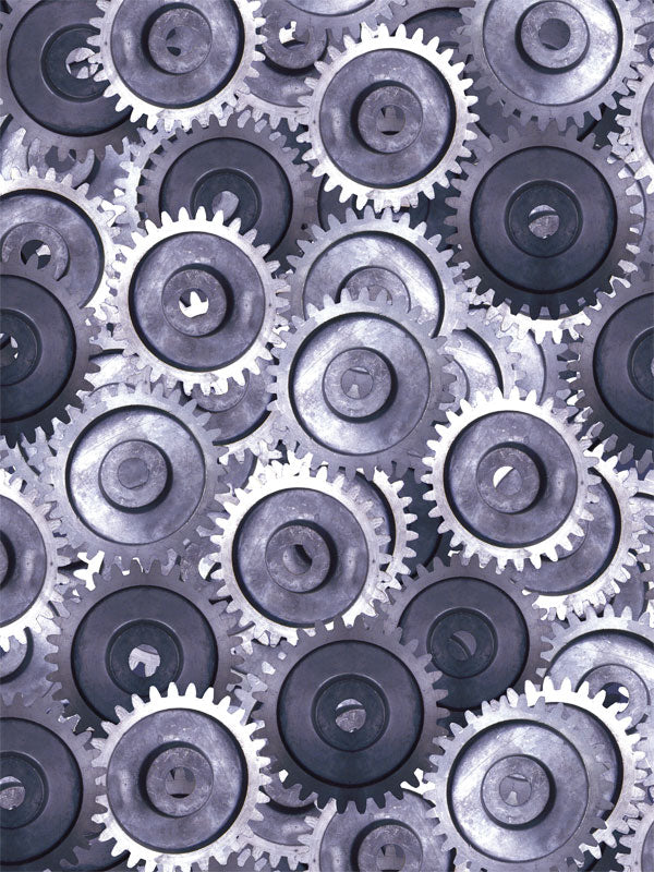 A rugged photography backdrop filled with overlapping metallic gears in silver and graphite tones for an industrial look.