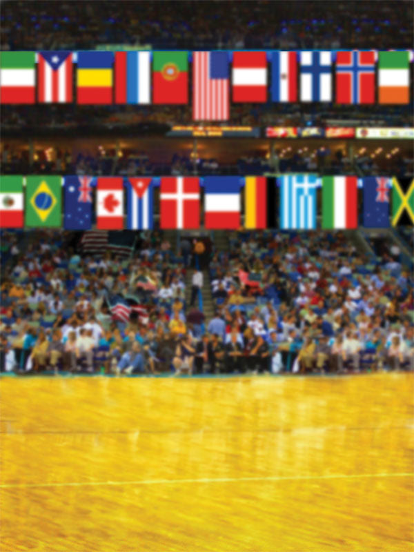 A sports photography backdrop featuring a basketball court, cheering crowd, and colorful international flags for a dynamic game-day atmosphere.