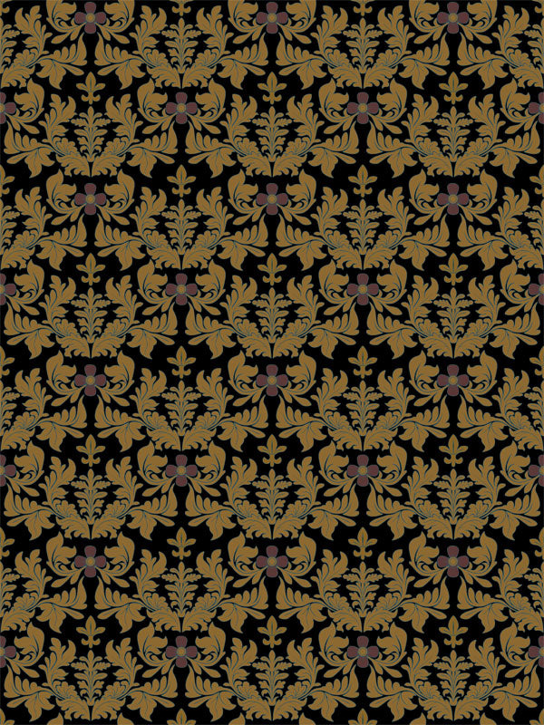 Regal damask pattern in gold and plum on black background for vintage portraits.