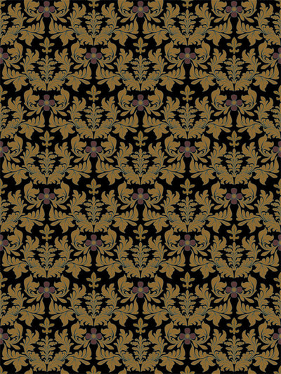 Regal damask pattern in gold and plum on black background for vintage portraits.