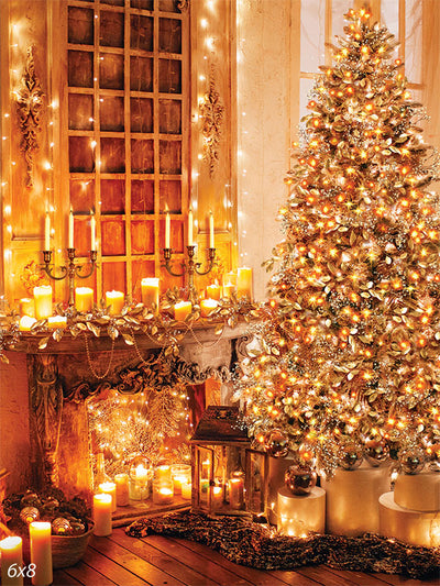 Golden Christmas Glow Photography Backdrop - A luxurious Christmas-themed photography backdrop featuring a glowing Christmas tree and a candlelit fireplace, creating a warm and festive ambiance.