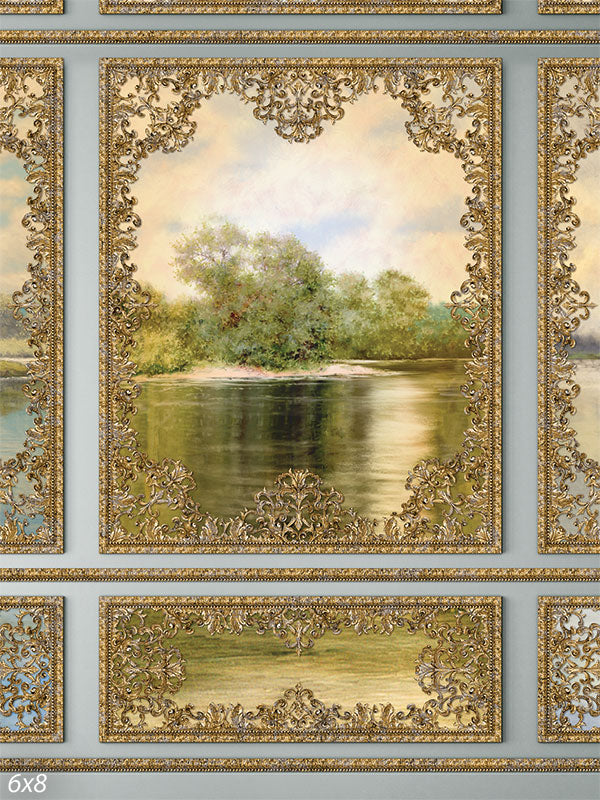 Golden Framed Scenic Photography Backdrop - A serene landscape with lush greenery reflected in water, surrounded by ornate gold frames, ideal for a photography backdrop.