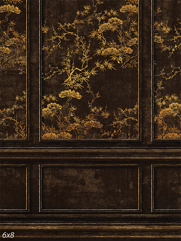 Golden Oriental Elegance Photography Backdrop - Luxurious dark photography backdrop with intricate gold oriental patterns and rich wood paneling.