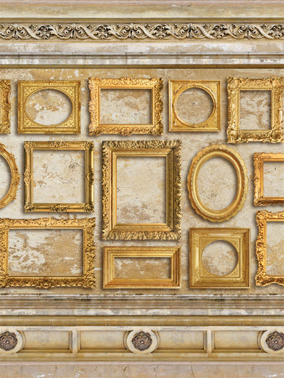 Golden Ornate Frame Wall Photography Backdrop - Photography backdrop featuring ornate golden frames arranged on a textured beige wall, ideal for vintage and classic-themed photoshoots.