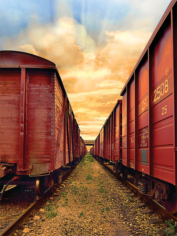 Golden Train Tracks Photography Backdrop - Train tracks photography backdrop featuring rusted train cars and a golden sunset sky, perfect for industrial, vintage, and travel-themed photoshoots.