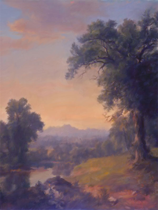 Warm-toned sunset over soft hills and trees with painterly light.