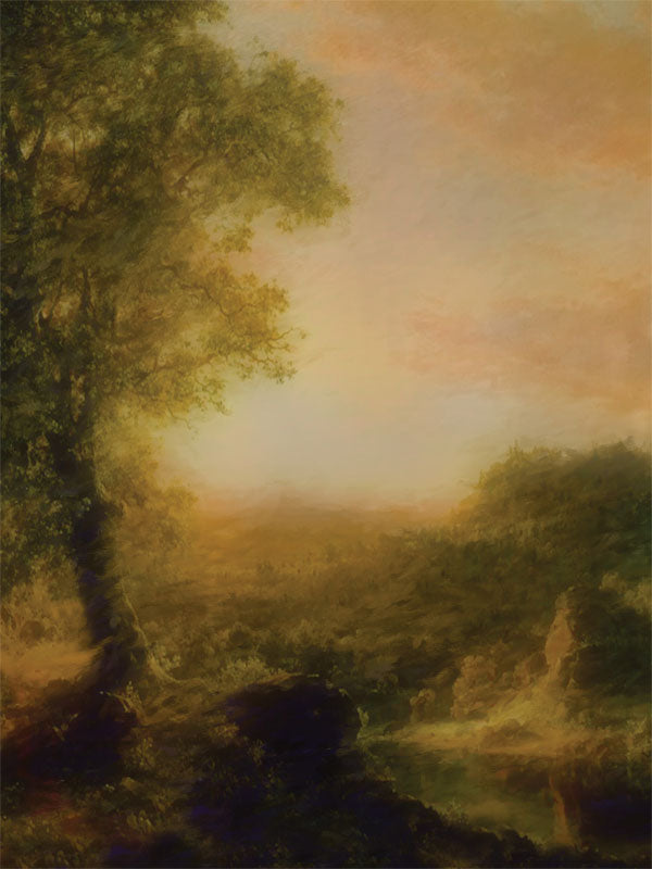 Painterly sunset landscape with glowing sky and darkened valley trees.