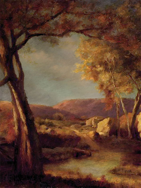 Soft dusk scene with warm light, trees, and distant hills.