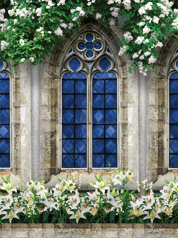 Gothic Garden Window Photography Backdrop - Gothic Garden Window Photography Backdrop featuring a stone gothic window with blue stained glass and white flowers.