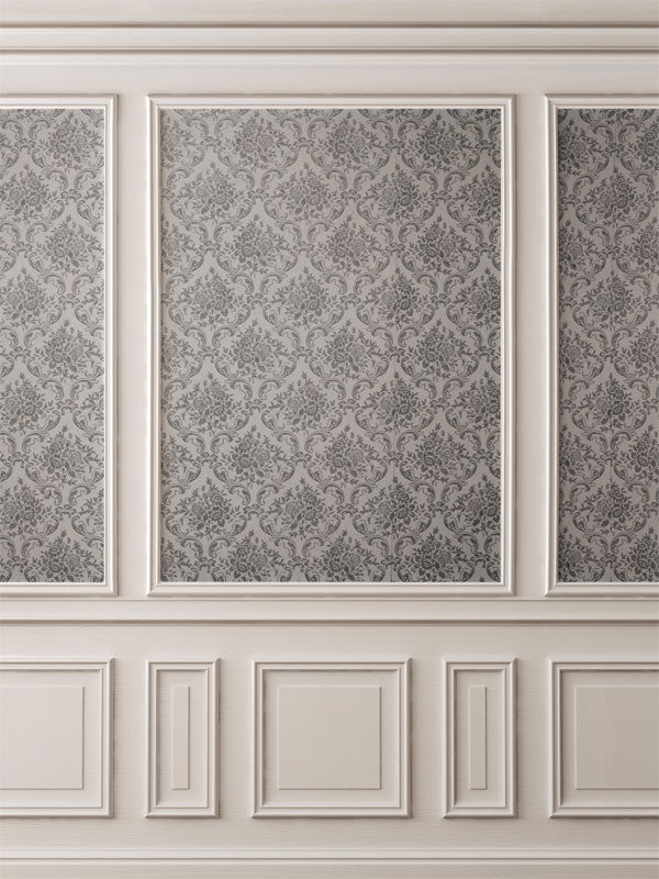 Gray Damask Paneled Wall Photography Backdrop - Gray damask pattern photography backdrop with white wall panels, ideal for professional and formal photoshoots.