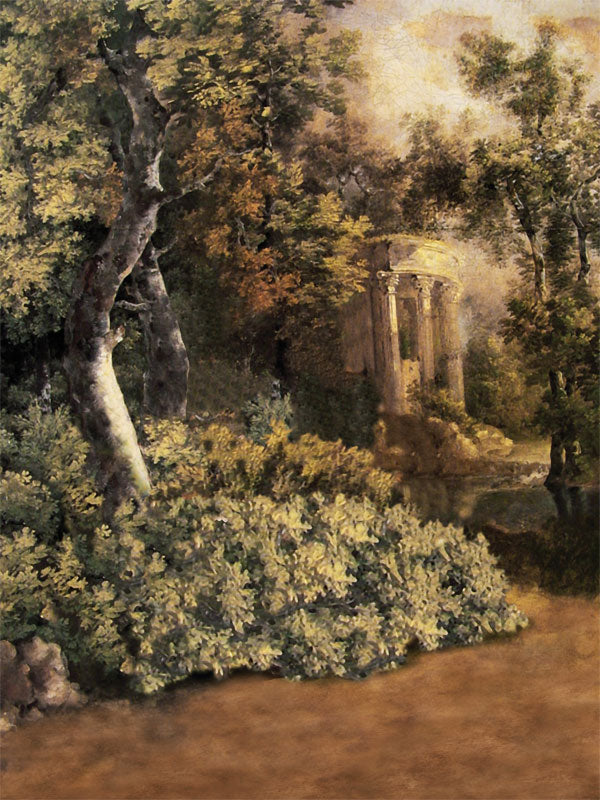 An elegant photography backdrop showing ancient Grecian columns surrounded by dense foliage and warm earthy tones.