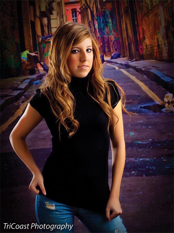 Backdrop portraying wet alley textures and multicolored graffiti walls.