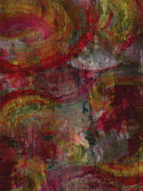 Textured abstract backdrop with overlapping red, olive, and mustard brush arcs and distressed finish.