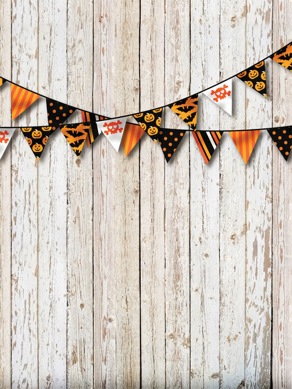 Halloween Bunting with Wooden Background Photography Backdrop - Rustic wooden photography backdrop with festive Halloween bunting, perfect for seasonal photoshoots.