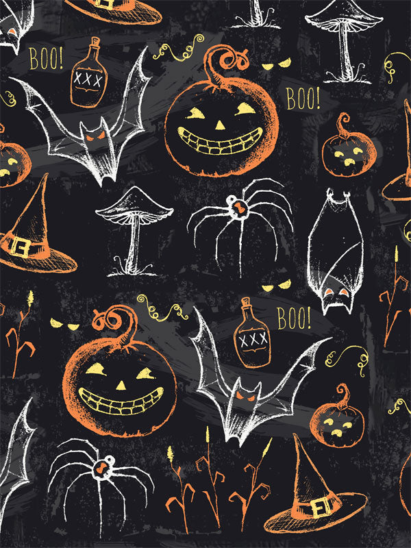 Halloween Chalkboard Photography Backdrop - Halloween-themed chalkboard photography backdrop with hand-drawn pumpkins, bats, spiders, and witches’ hats.