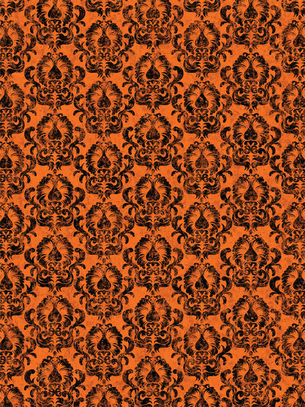 Halloween Gothic Damask Photography Backdrop - Gothic damask patterned Halloween backdrop with black and orange colors, ideal for spooky-themed photoshoots.