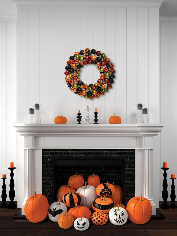 Halloween Pumpkin Fireplace Photography Backdrop - Halloween pumpkin fireplace photography backdrop featuring pumpkins, a wreath, and a cozy white fireplace.