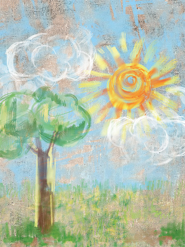 Hand-Painted Sun and Tree Photography Backdrop - A hand-painted photography backdrop featuring a bright sun, green tree, and fluffy clouds against a textured blue sky, perfect for children's portraits.