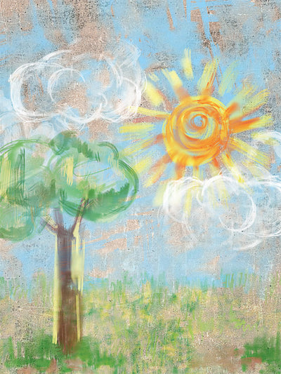 Hand-Painted Sun and Tree Photography Backdrop - A hand-painted photography backdrop featuring a bright sun, green tree, and fluffy clouds against a textured blue sky, perfect for children's portraits.