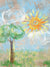 Hand-Painted Sun and Tree Photography Backdrop - A hand-painted photography backdrop featuring a bright sun, green tree, and fluffy clouds against a textured blue sky, perfect for children's portraits.