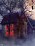 Haunted Mansion Halloween Photography Backdrop - A spooky Halloween photography backdrop featuring a haunted mansion with glowing red windows, silhouetted by barren trees under a full moon.