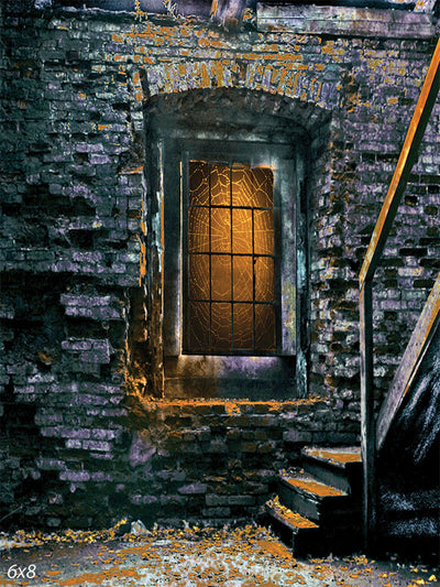 Haunted Stairwell Photography Backdrop - A spooky photography backdrop featuring an abandoned stairwell with cobwebs, weathered bricks, and an eerie glowing window.