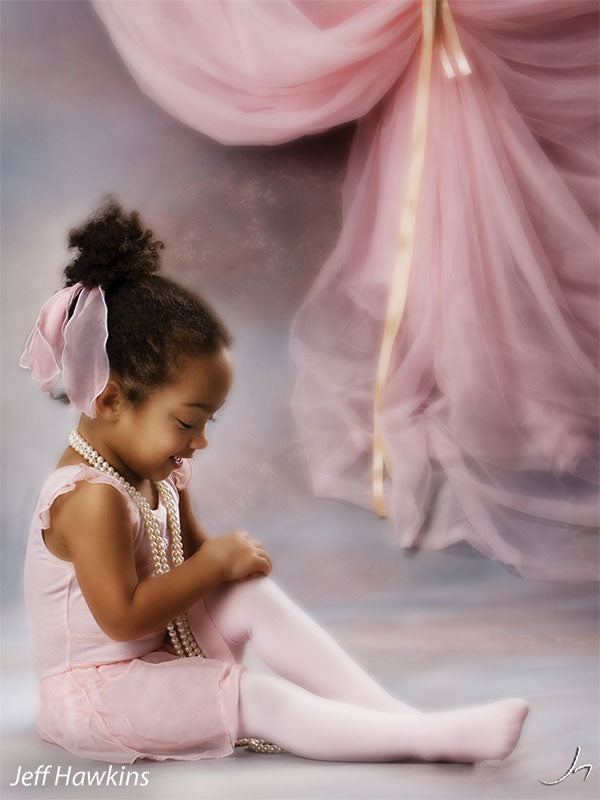 Misty, painterly studio backdrop with soft taupe, blue, and gray blending.