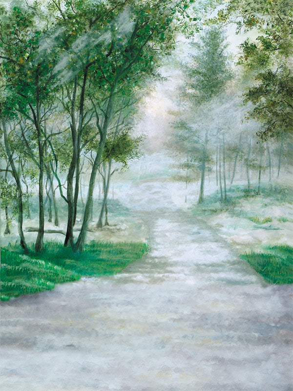 A soft, misty forest photography backdrop featuring a tree-lined pathway with diffused light, perfect for dreamy portraits and fine art photography.