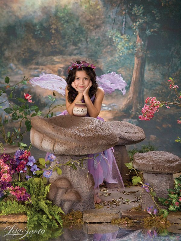 A secret fairy forest backdrop with earthy tones, glowing sun rays, and a mysterious hidden path.