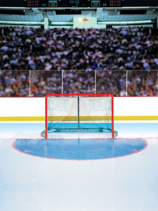 Hockey rink photography backdrop featuring a centered red goal net, ice reflections, and a packed stadium crowd.