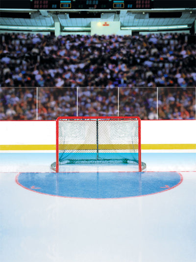 Hockey rink photography backdrop featuring a centered red goal net, ice reflections, and a packed stadium crowd.