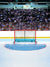 Hockey rink photography backdrop featuring a centered red goal net, ice reflections, and a packed stadium crowd.