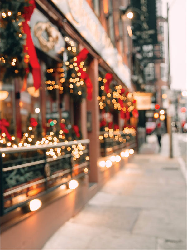 Holiday Street Photography Backdrop - Holiday street backdrop with blurred bokeh lights and decorations, perfect for Christmas and holiday photography.