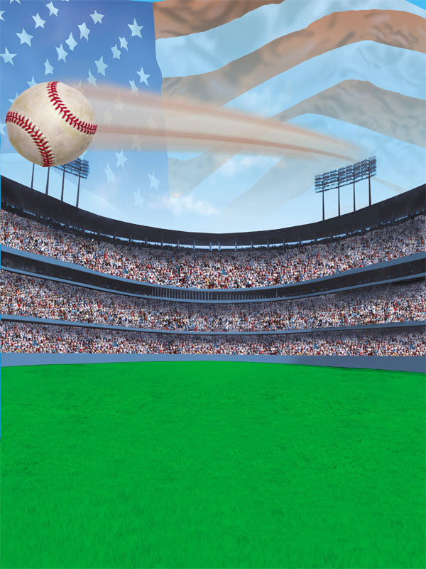 A high-energy baseball photography backdrop featuring a packed stadium and a fast-flying baseball.