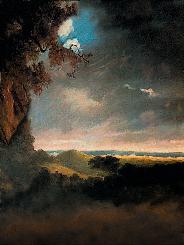 A dramatic photography backdrop featuring a moody sky, rolling hills, and dark foliage for a cinematic look.