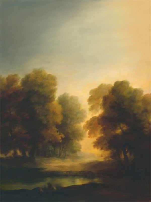 Misty painted landscape photography backdrop with soft sunset light filtering through autumn trees, ideal for timeless family portraits, senior sessions, and fine art photography.