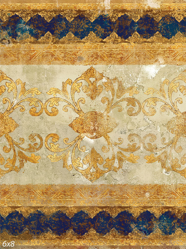 Imperial Blue and Gold Baroque Photography Backdrop - Imperial blue and gold Baroque photography backdrop with an ornate, weathered design.