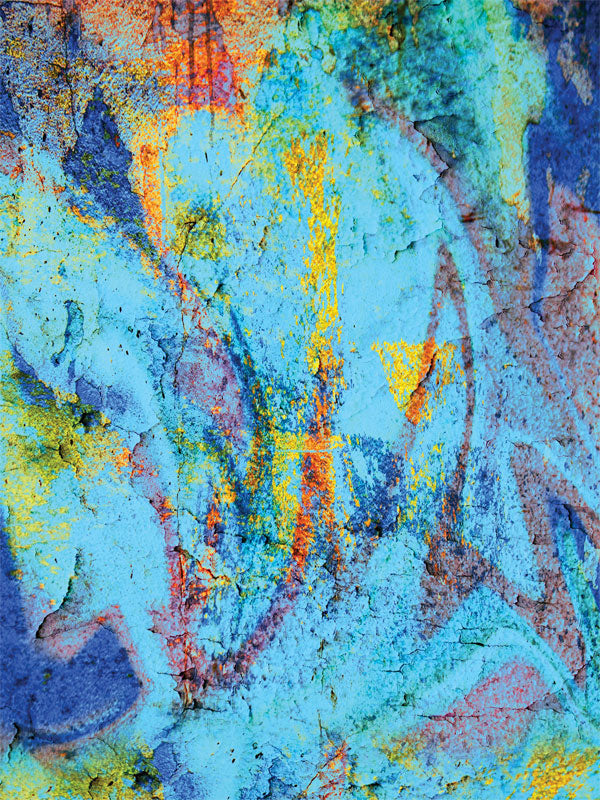 Textured blue backdrop with layered yellow, orange, and purple strokes in a mural-like style.