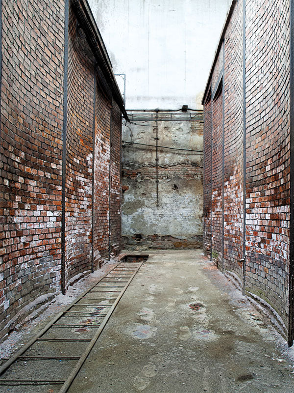 Industrial Alleyway Photography Backdrop - Industrial alleyway photography backdrop with brick walls and concrete flooring, perfect for edgy, urban photoshoots.