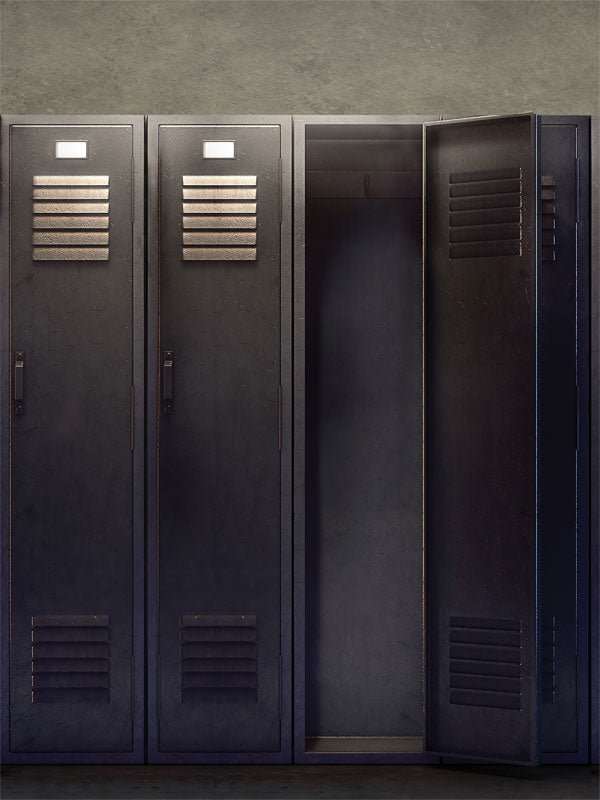 Industrial Locker Room Photography Backdrop - A rugged, industrial locker room photography backdrop with three aged, dark gray metal lockers, one of which is open, perfect for sports or editorial photoshoots.