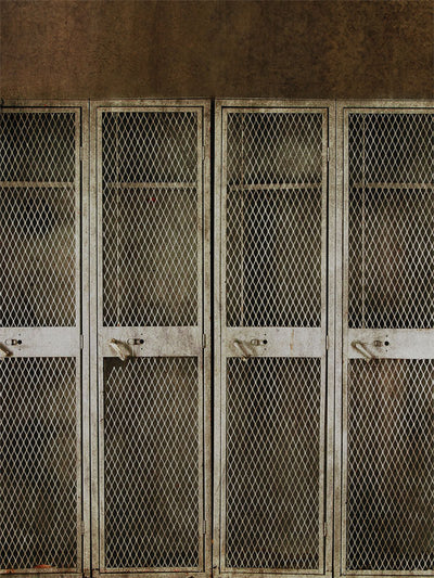 Industrial Metal Locker Photography Backdrop - Industrial metal locker photography backdrop with distressed mesh doors, ideal for urban, gritty photoshoots.